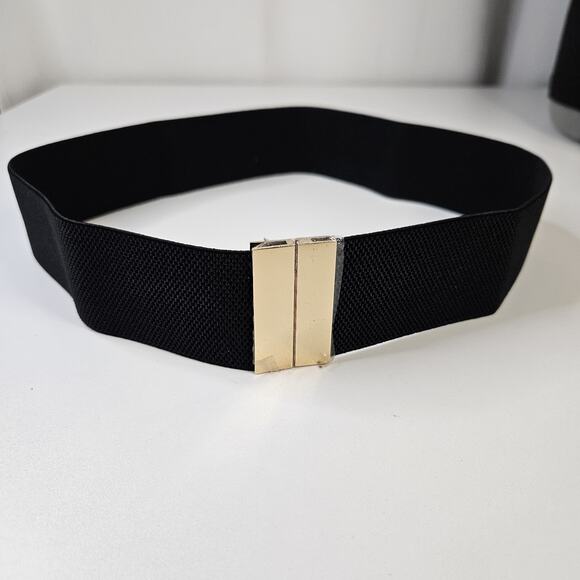 Women's Black Belt Elastic Stretch Belt w Gold Buckle Cinch Stretch Waistband - Picture 1 of 6